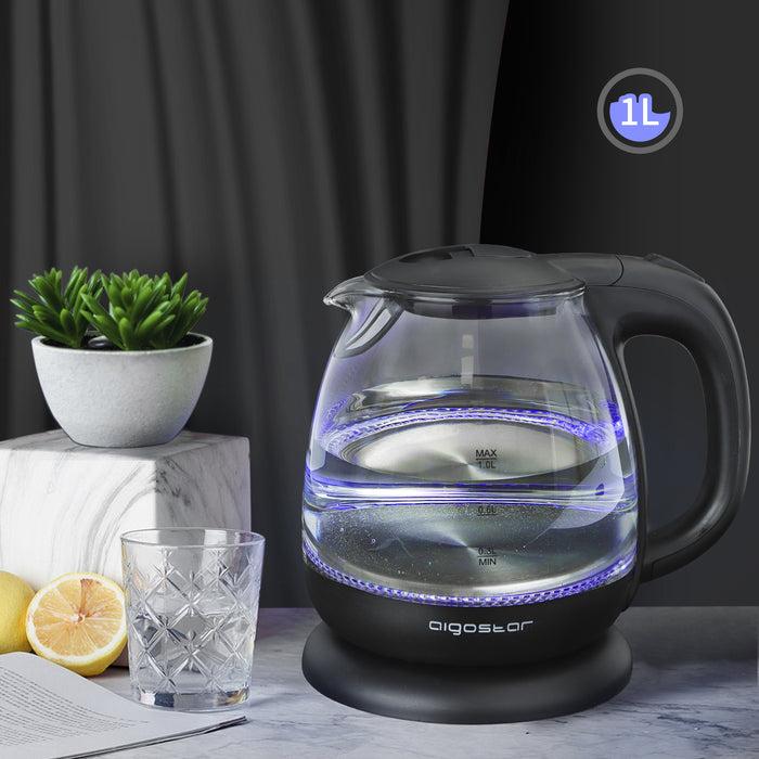 Aigostar Elfin 30IAX - 1L Glazen waterkoker met LED - Zwart