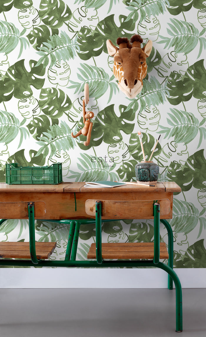 ESTAhome behang geschilderde tropische jungle bladeren vergrijsd olijf