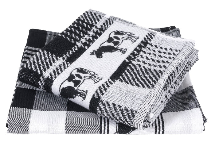 Twentse Damast Keukendoekenset - 6 stuks - Cow Block Zwart