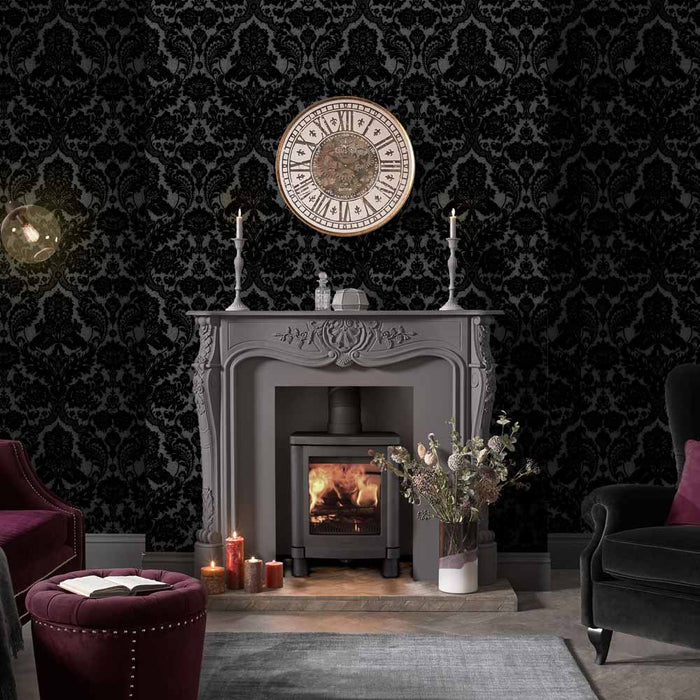 Graham & Brown Vliesbehang - Gothic Damask Flock Noir - 10mx52cm