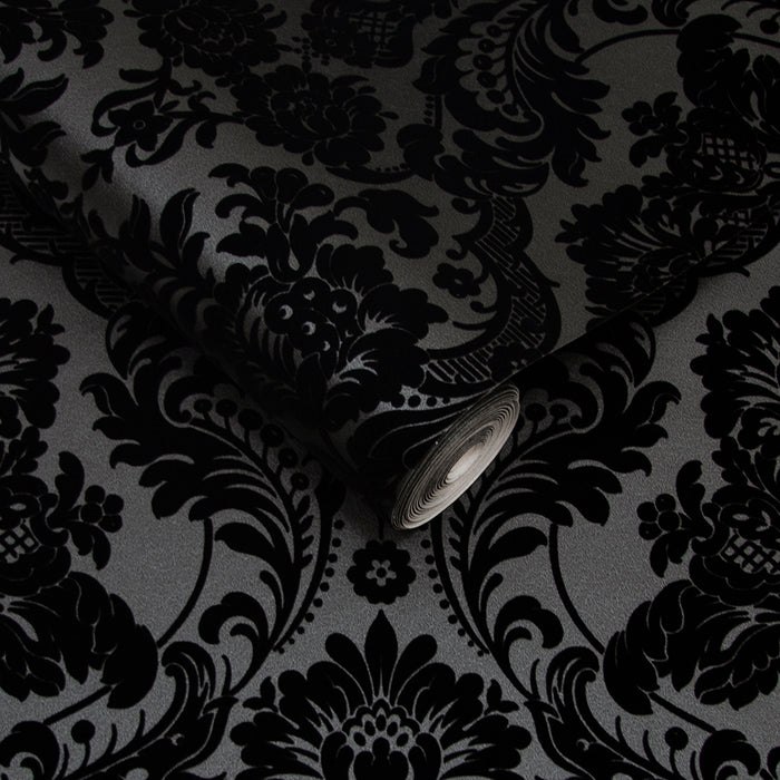 Graham & Brown Vliesbehang - Gothic Damask Flock Noir - 10mx52cm