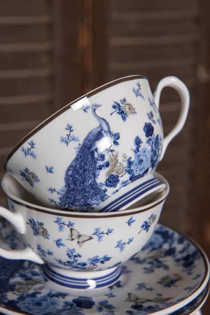 Clayre & Eef Kop en schotel 200 ml Blauw Porselein Rond Bloemen