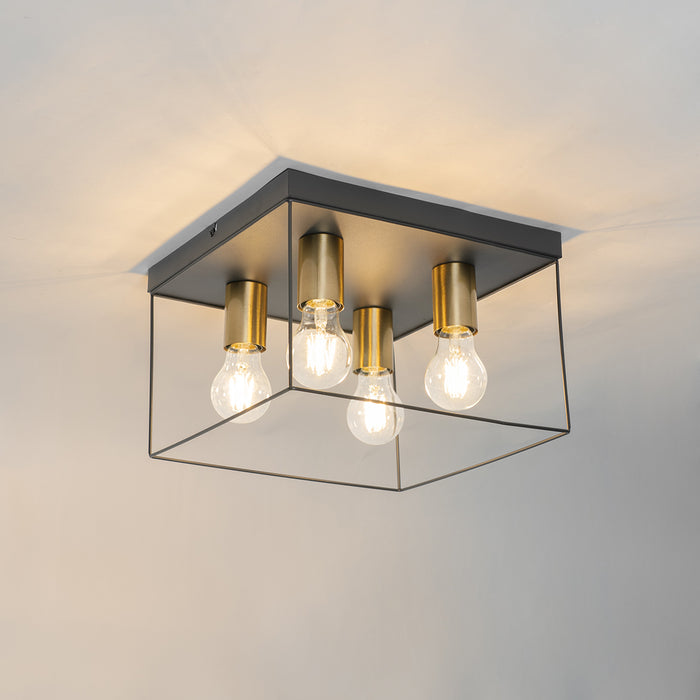QAZQA Minimalistische plafondlamp zwart met goud 4-lichts vierkant -