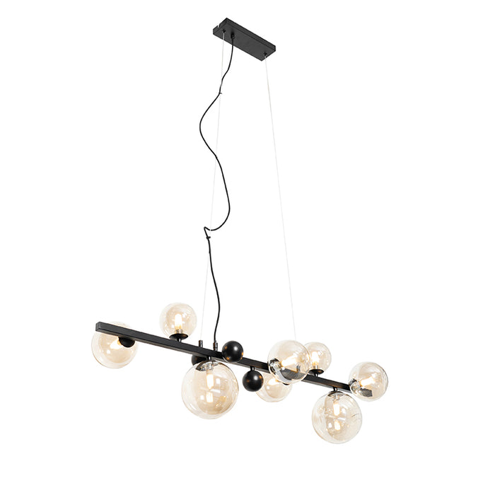 QAZQA Art deco hanglamp zwart met amber glas 8-lichts - David