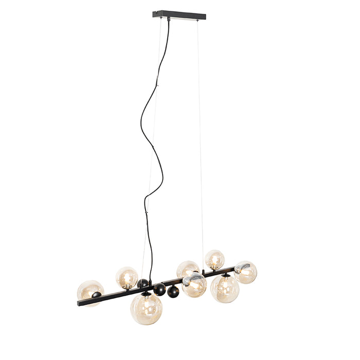 QAZQA Art deco hanglamp zwart met amber glas 8-lichts - David