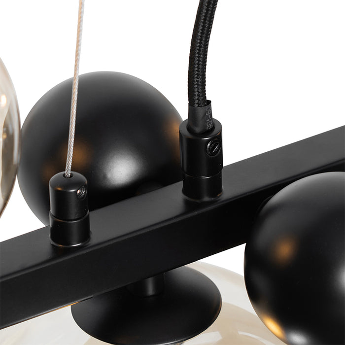 QAZQA Art deco hanglamp zwart met amber glas 8-lichts - David