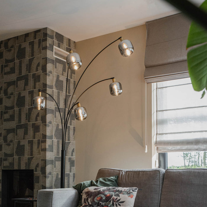 QAZQA Vloerlamp zwart met goud met smoke glas 5-lichts - Zuzanna