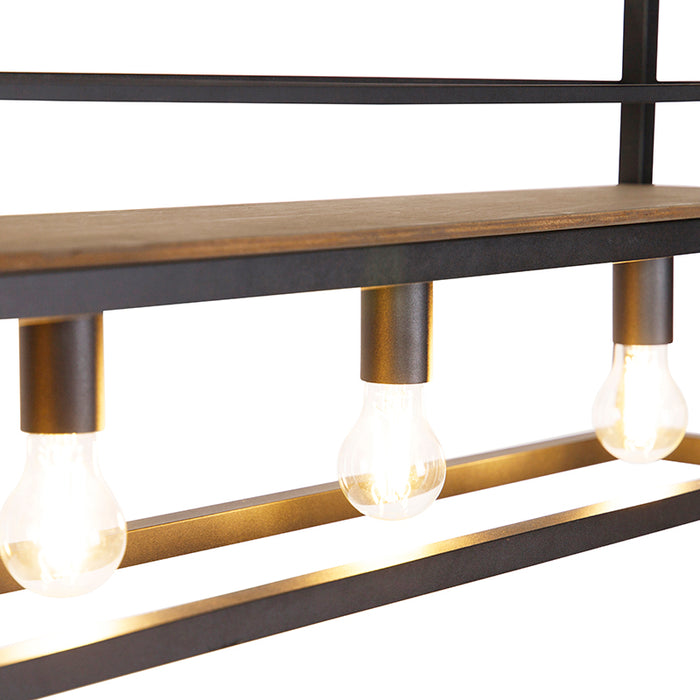 QAZQA Industriële hanglamp zwart met hout en rek 4-lichts - Cage Rack