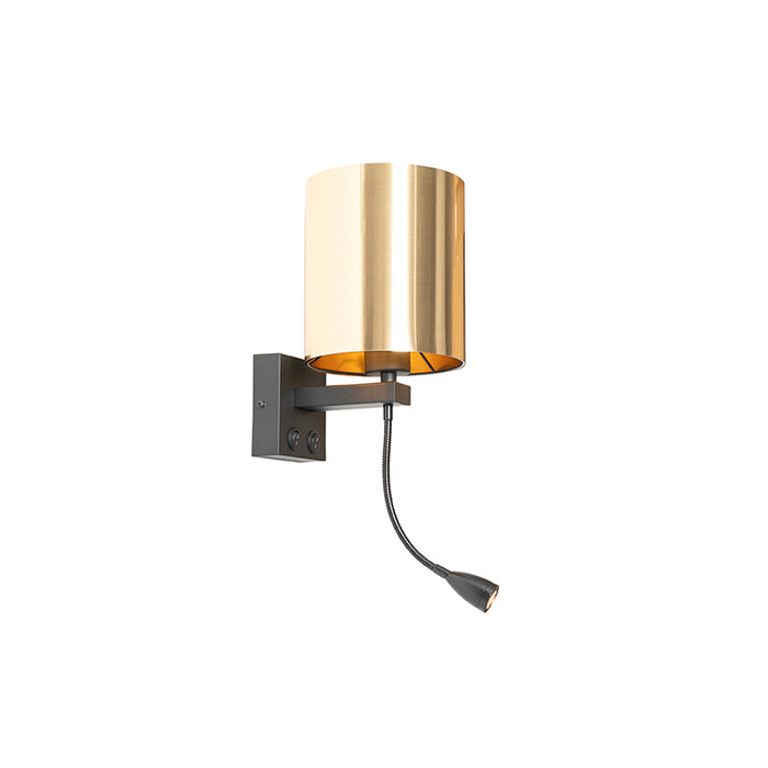 QAZQA Wandlamp zwart met flexarm en kap goud 15 cm - Brescia