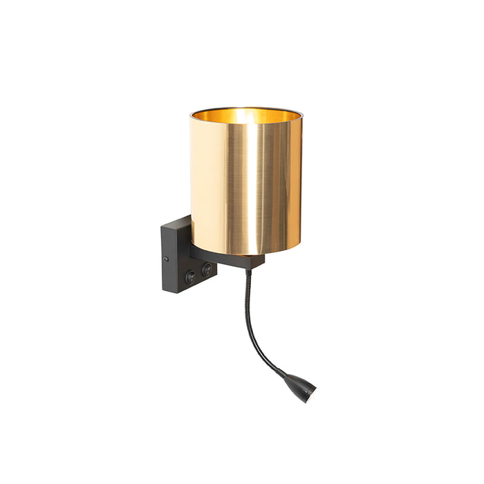 QAZQA Wandlamp zwart met flexarm en kap goud 15 cm - Brescia