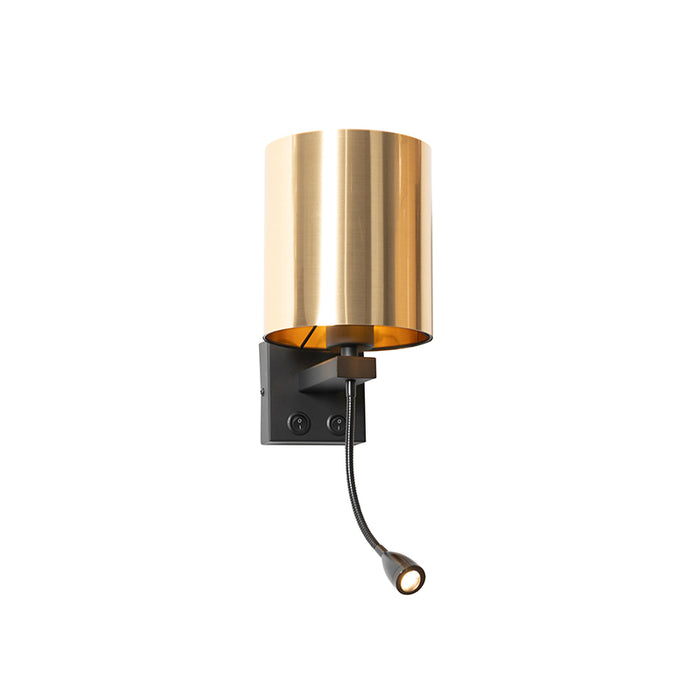 QAZQA Wandlamp zwart met flexarm en kap goud 15 cm - Brescia
