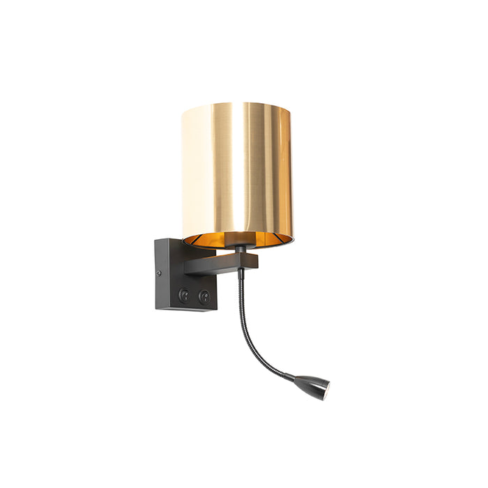 QAZQA Wandlamp zwart met flexarm en kap goud 15 cm - Brescia
