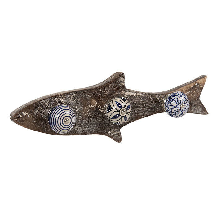 Clayre & Eef Wandkapstok 3 Haken Vis 33x5x10 cm Blauw Hout