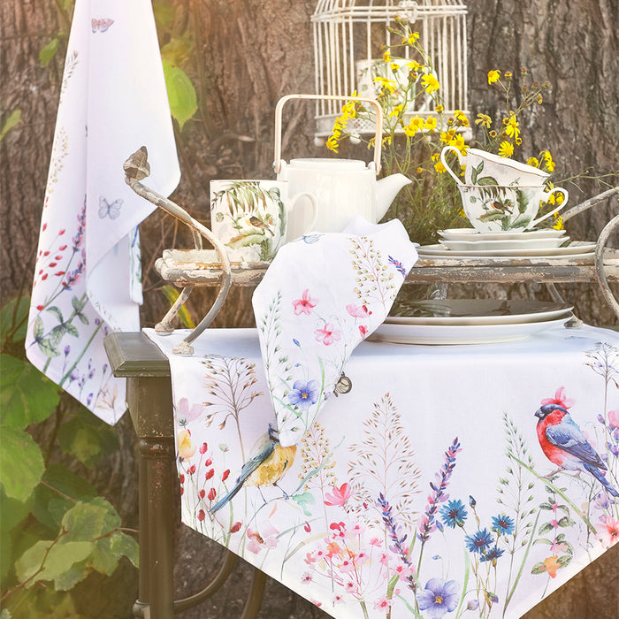 Clayre & Eef Tafelkleed 130x180 cm Wit Groen Katoen Rechthoek Bloemen