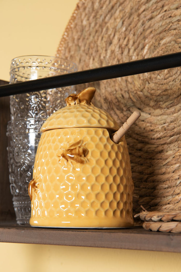 Clayre & Eef Honingpot met Lepel Ø 11x14 cm Geel Keramiek Rond Bijen