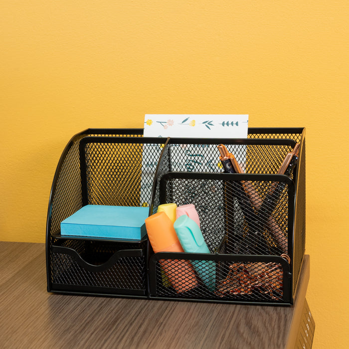 QUVIO Bureau organizer 5 vakken + 1 lade + 1 plankje met gaas - Zwart