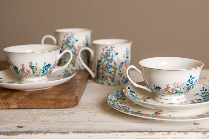 Clayre & Eef Kop en schotel 250 ml Blauw Wit Porselein Bloemen