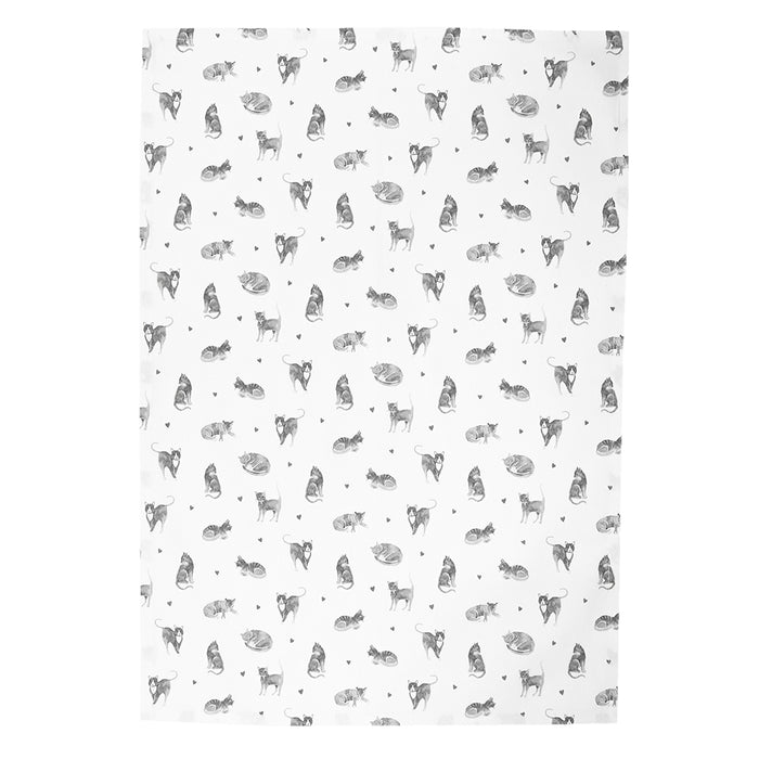 Clayre & Eef Theedoek 50x70 cm Grijs Wit Katoen Katten Keukenhanddoek