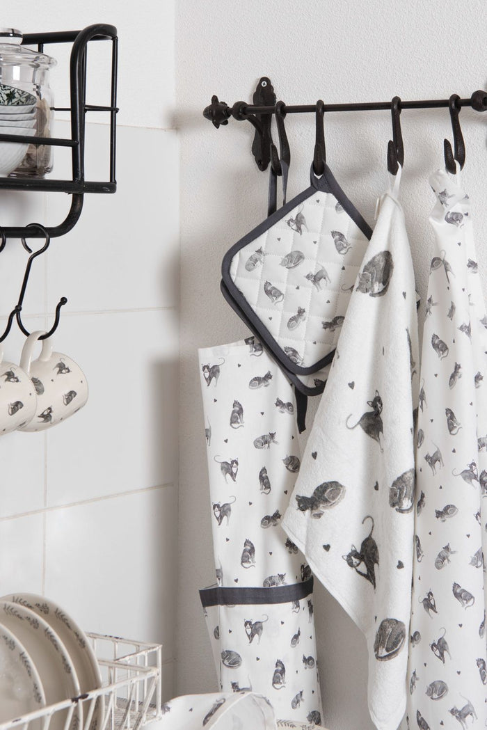 Clayre & Eef Theedoek 50x70 cm Grijs Wit Katoen Katten Keukenhanddoek