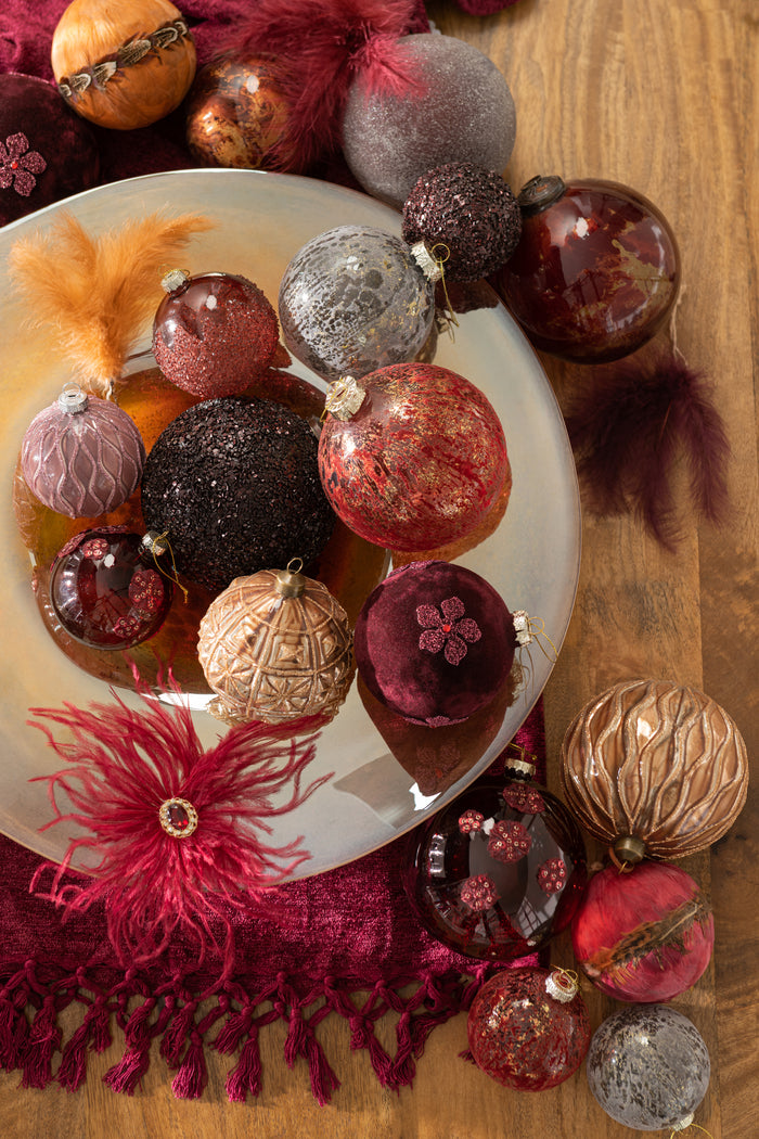 J-Line Kerstballen Bloemen Glas Bordeaux Large Set van 4