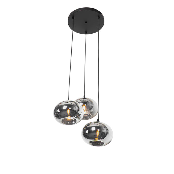 QAZQA Art Deco hanglamp zwart met smoke glas rond 3-lichts- Busa