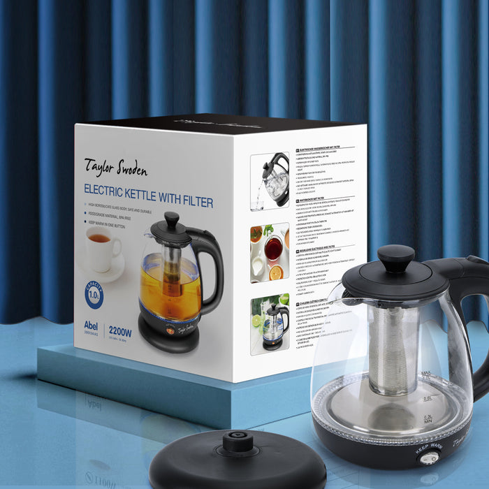Taylor Swoden Abel Glazen waterkoker met LED en theefilter 1L Zwart