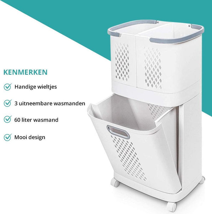 Sens Design Wassorteerder 3 vakken op wieltjes - 60L