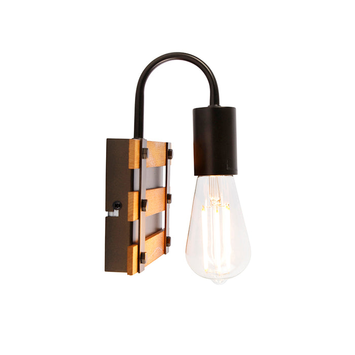 QAZQA Industriële wandlamp zwart met hout - Paleta Mai