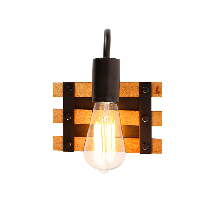 QAZQA Industriële wandlamp zwart met hout - Paleta Mai