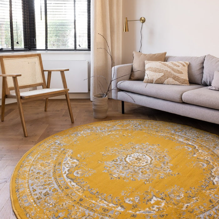 Interieur05 Rond Vintage Vloerkleed Keshan Geel - 190 cm