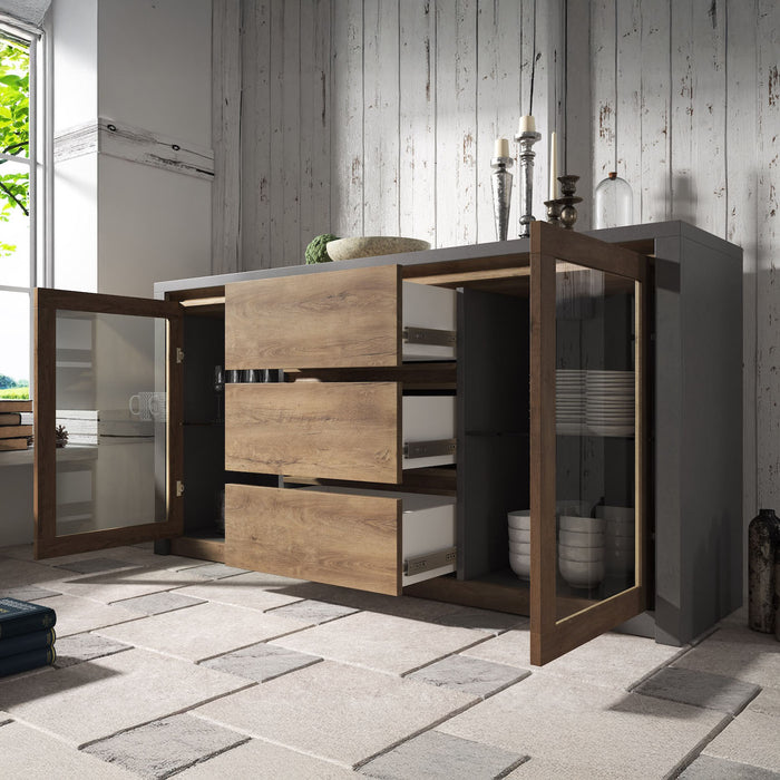 Meubella - Dressoir Monaco - Eiken - Grijs - 140 cm - Met glas