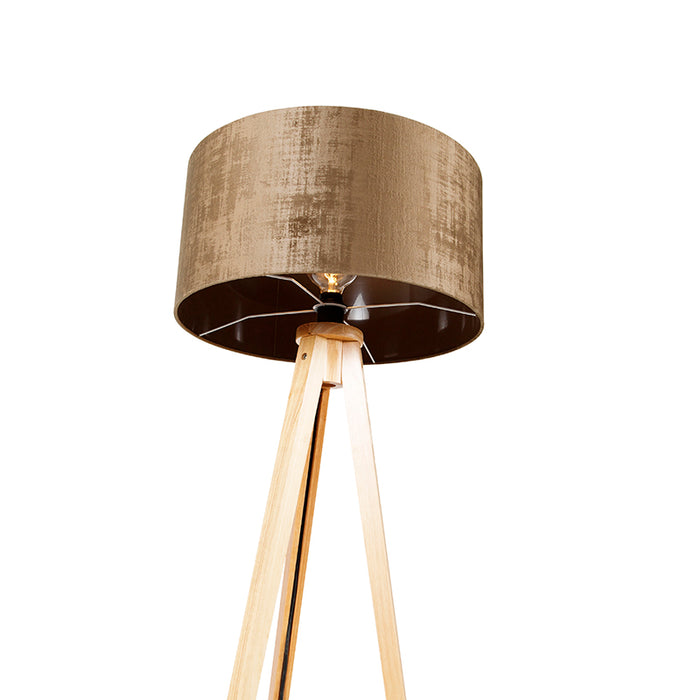 QAZQA Vloerlamp hout met stoffen kap bruin 50 cm - Tripod Classic