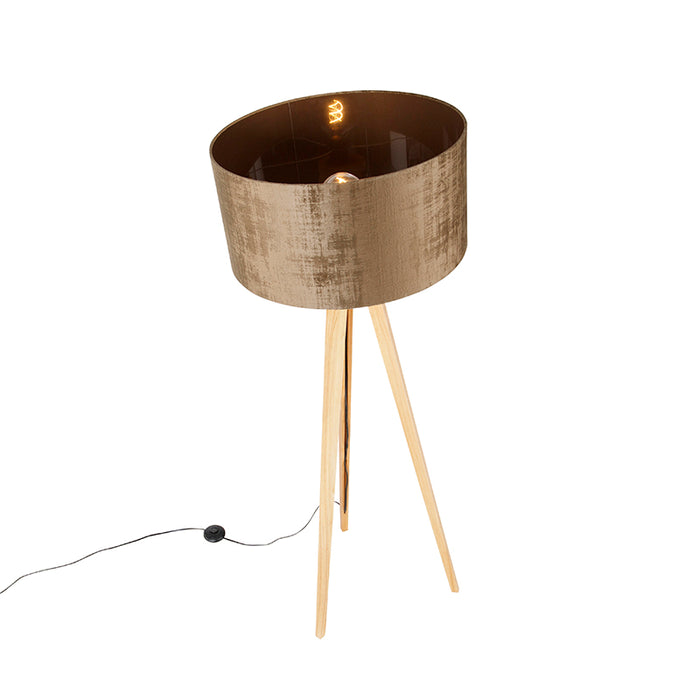 QAZQA Vloerlamp hout met stoffen kap bruin 50 cm - Tripod Classic
