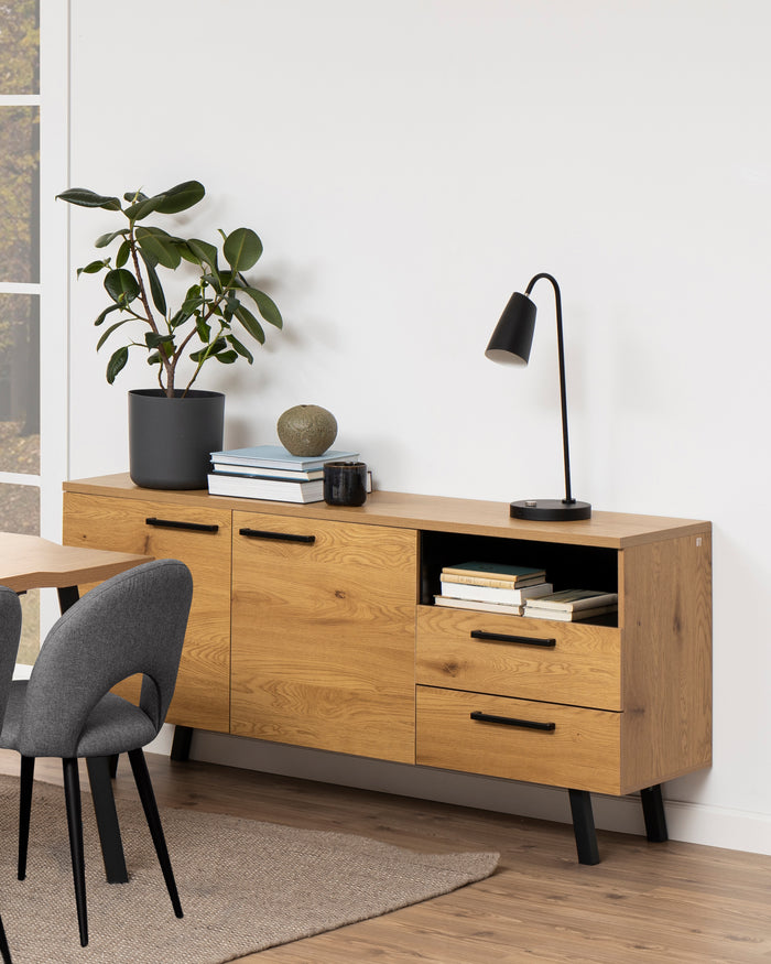 Hioshop Mallow dressoir 2 deuren, 2 lades en 1 vak eik, zwart.