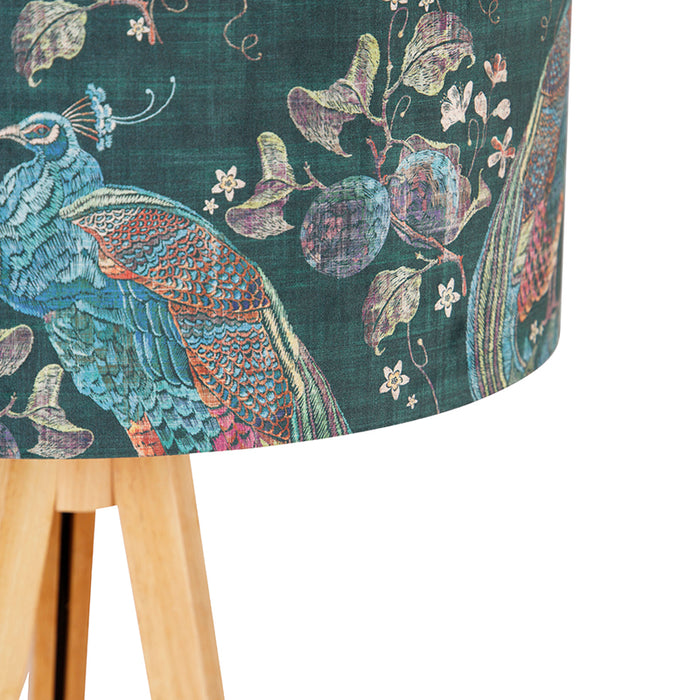 QAZQA Moderne vloerlamp hout stoffen kap pauw 50 cm - Tripod Classic