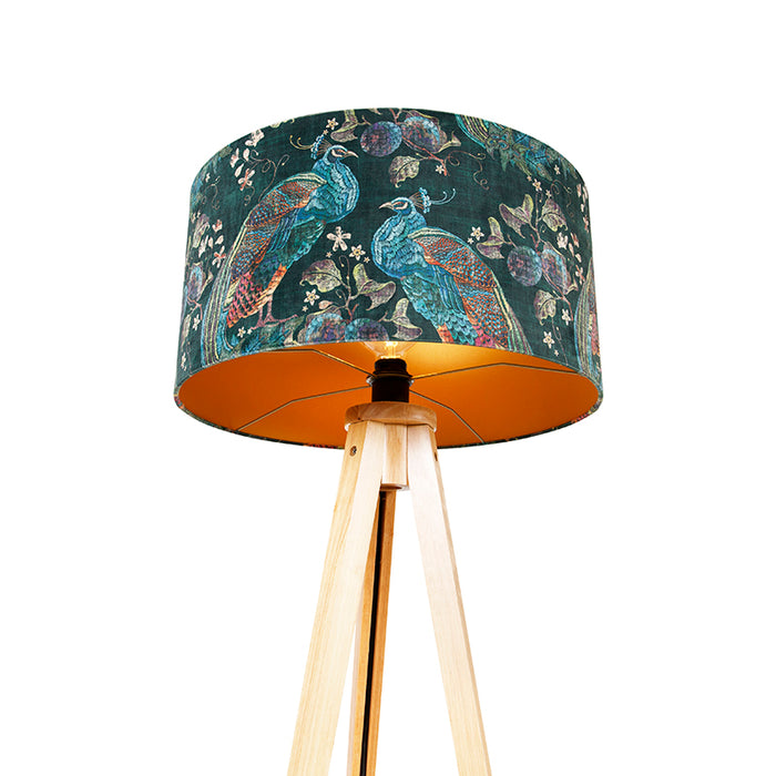 QAZQA Moderne vloerlamp hout stoffen kap pauw 50 cm - Tripod Classic