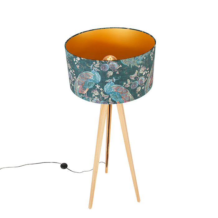QAZQA Moderne vloerlamp hout stoffen kap pauw 50 cm - Tripod Classic