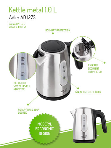 Adler AD 1273 - Waterkoker - RVS - 1.0 liter