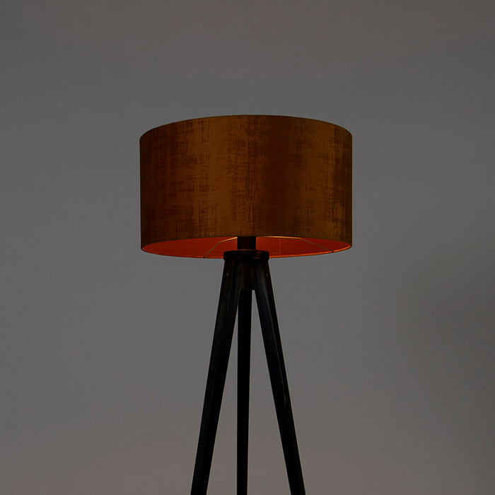 QAZQA Vloerlamp tripod zwart met kap goud 50 cm - Tripod Classic