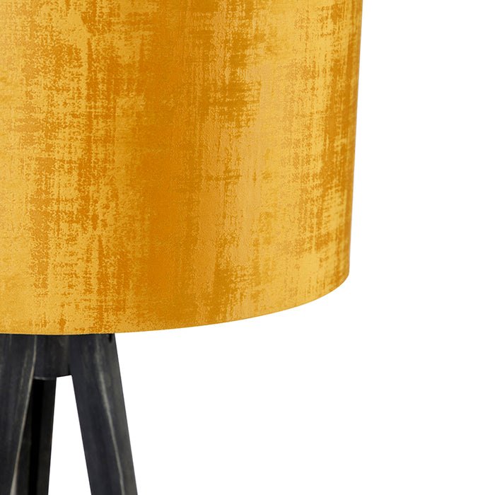 QAZQA Vloerlamp tripod zwart met kap goud 50 cm - Tripod Classic