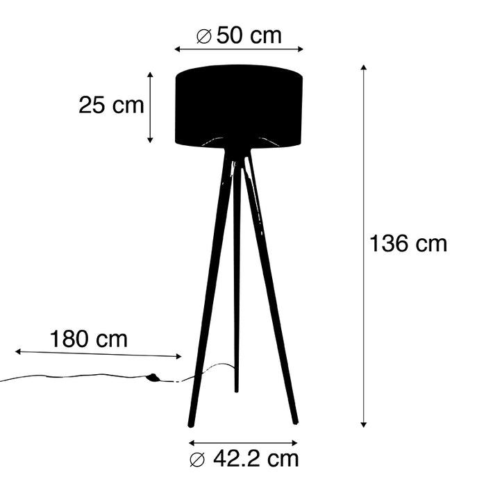 QAZQA Vloerlamp tripod zwart met kap goud 50 cm - Tripod Classic