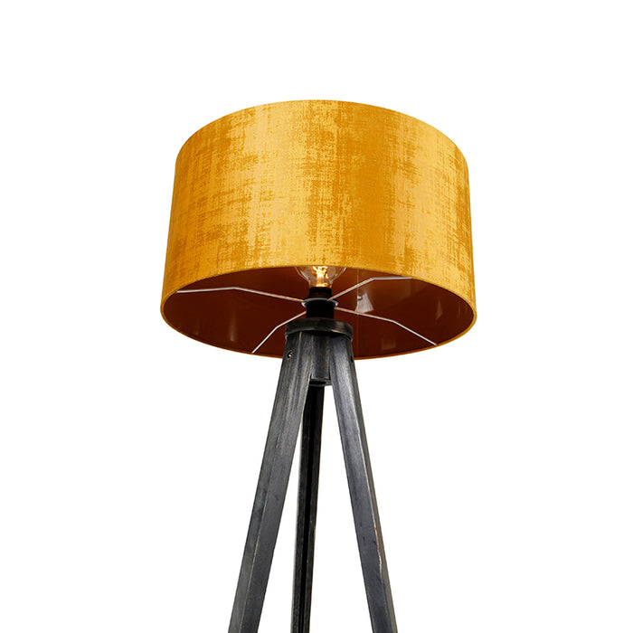 QAZQA Vloerlamp tripod zwart met kap goud 50 cm - Tripod Classic