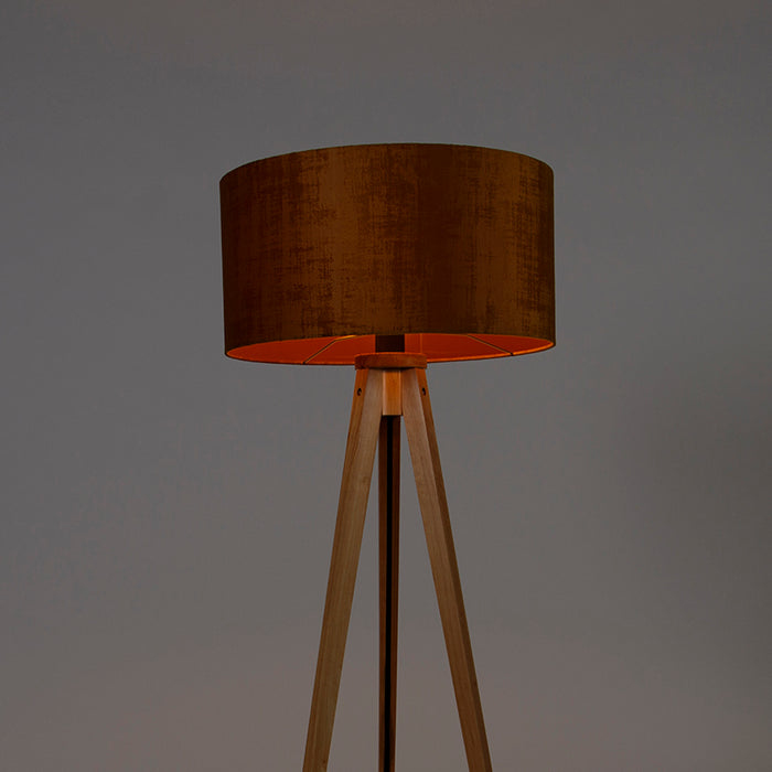 QAZQA Vloerlamp hout met stoffen kap goud 50 cm - Tripod Classic