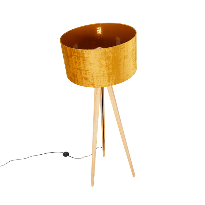 QAZQA Vloerlamp hout met stoffen kap goud 50 cm - Tripod Classic