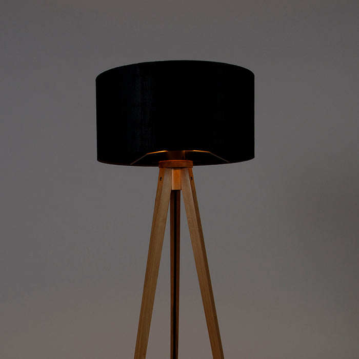 QAZQA Vloerlamp hout met stoffen kap zwart 50 cm - Tripod Classic