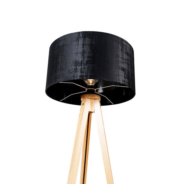 QAZQA Vloerlamp hout met stoffen kap zwart 50 cm - Tripod Classic