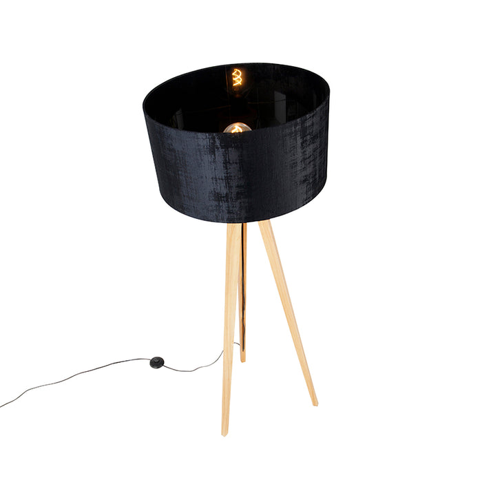QAZQA Vloerlamp hout met stoffen kap zwart 50 cm - Tripod Classic