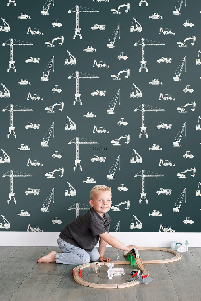 ESTAhome behang voertuigen donkerblauw en wit - 0,53 x 10,05 m - 13926