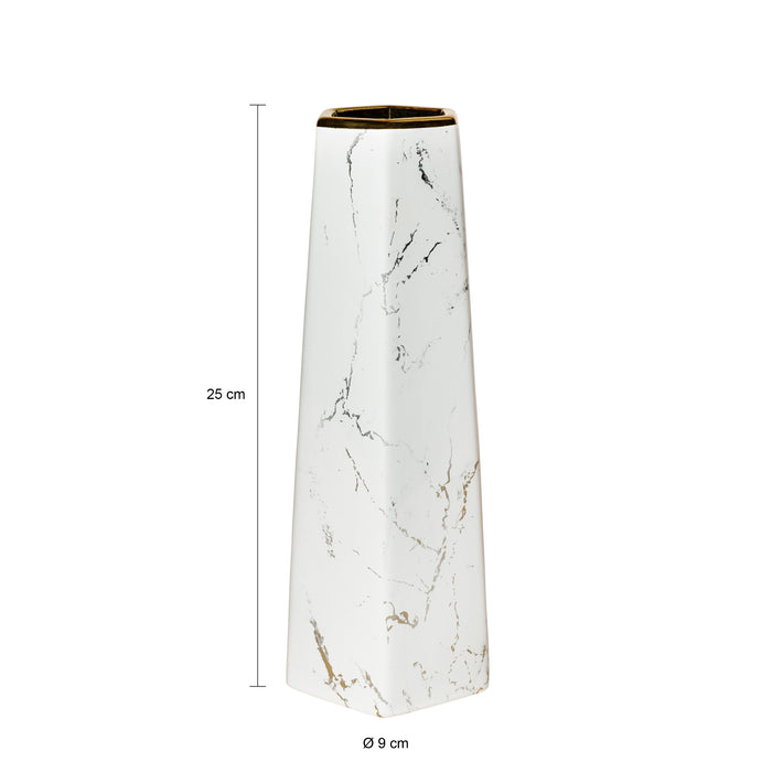 QUVIO Zeshoekige vaas, keramiek - Wit met goud marble look - M