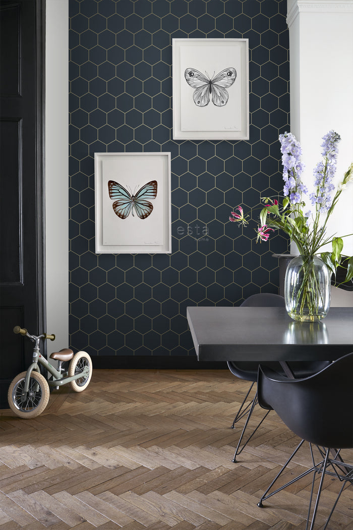 ESTAhome behang hexagon donkerblauw en goud - 0,53 x 10,05 m - 139237